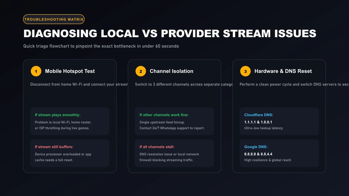 Troubleshooting triage flowchart illustrating step-by-step diagnostic isolation tests for streaming issues