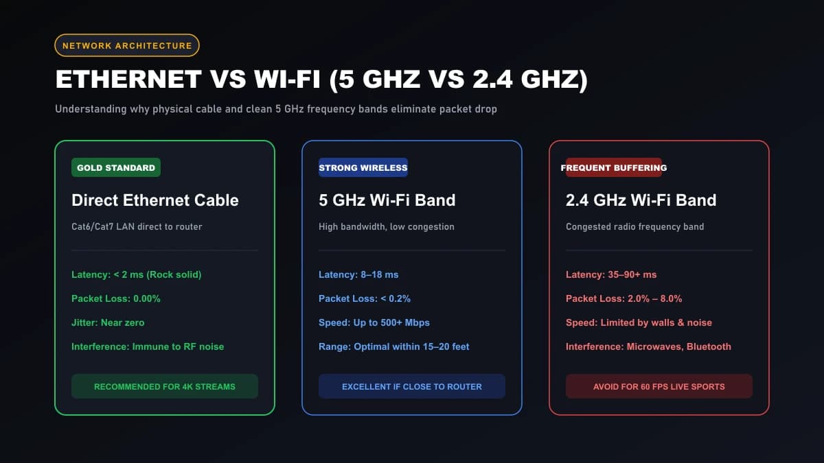 Technical comparison diagram contrasting direct Ethernet cable with 5GHz and 2.4GHz Wi-Fi frequencies for streaming