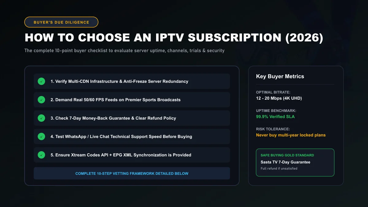 Checklist interface on a digital tablet evaluating IPTV subscription provider criteria, server reliability, and trial policies