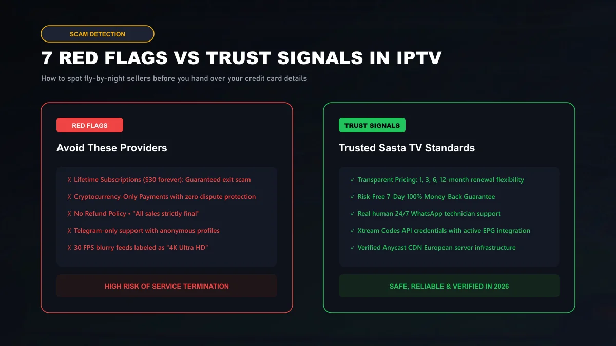 Infographic listing 7 critical red flags to avoid in IPTV providers versus trusted service indicators