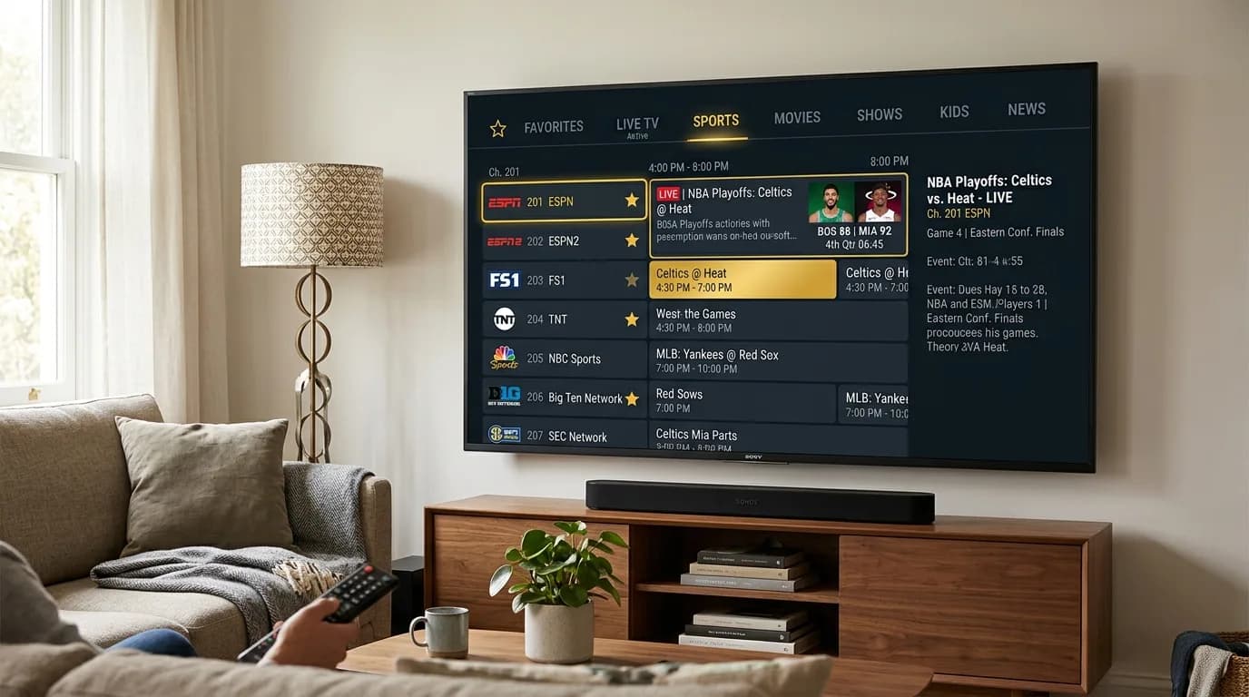 Television display presenting an organized electronic program guide with favorite star icons on sports channels