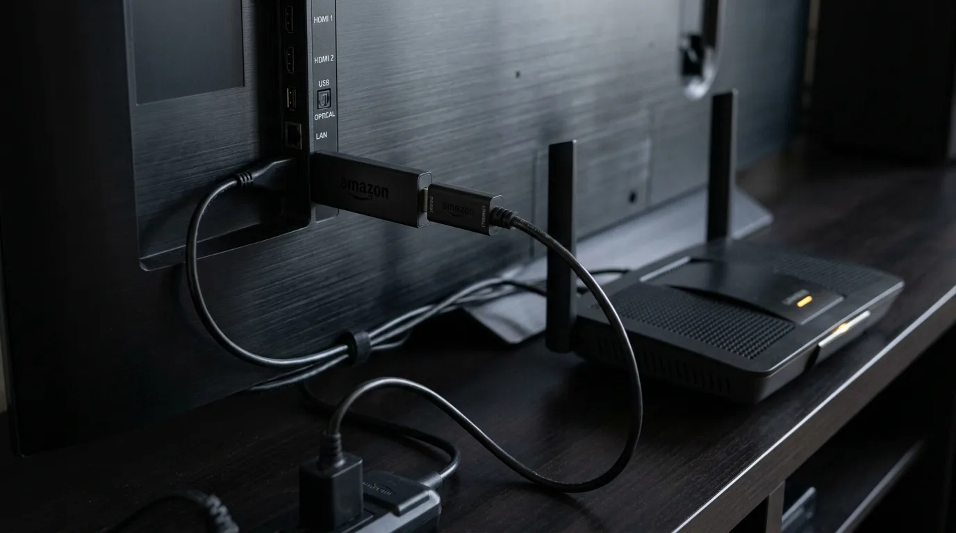 Close-up photograph of an Amazon Fire TV Stick connected with a wired Ethernet adapter and high-speed network cable