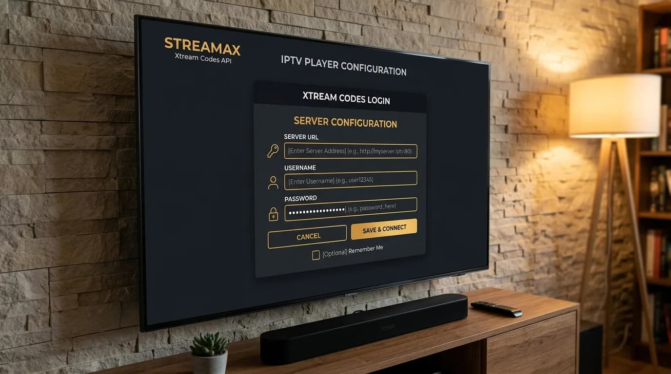 IPTV player configuration screen on a television showing Xtream Codes API login fields