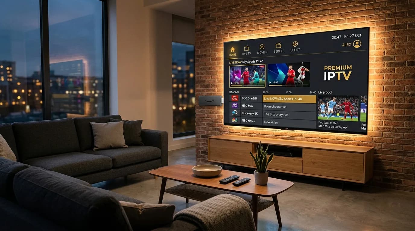 Living room setup featuring a 4K television connected to an Amazon Fire TV Stick displaying a modern IPTV interface