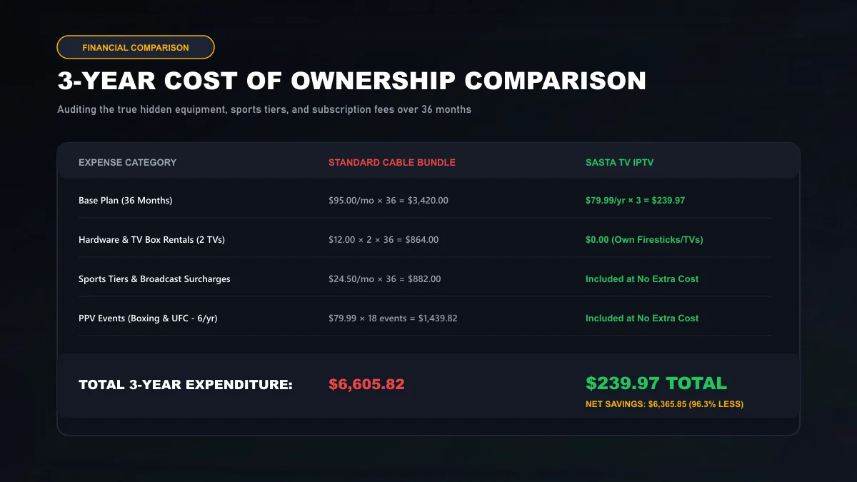 Data table detailing the 3-year cost of ownership between traditional cable bundles and Sasta TV IPTV subscriptions