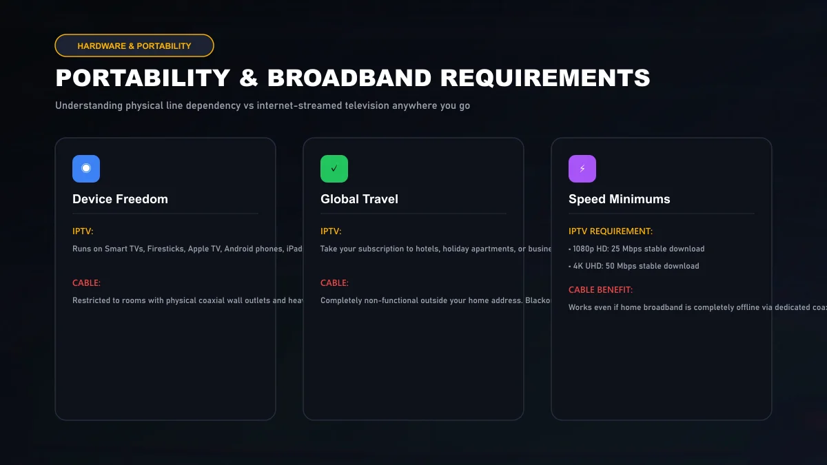 Infographic showing device freedom, global travel portability, and broadband requirements between IPTV and traditional cable