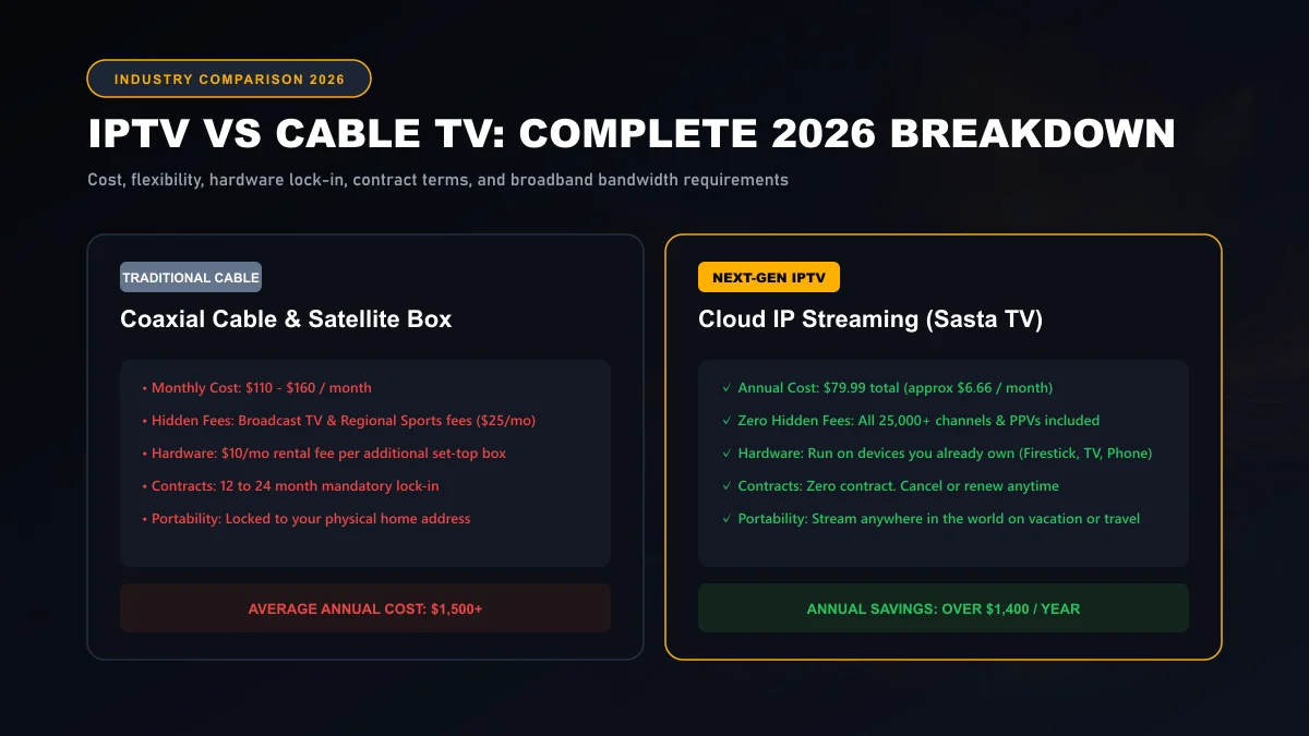 Side-by-side conceptual comparison between traditional coaxial cable box hardware and modern cloud IPTV streaming