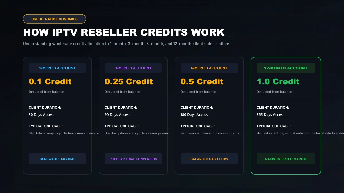Infographic showing wholesale credit deduction math across 1-month, 3-month, 6-month, and 12-month client subscriptions