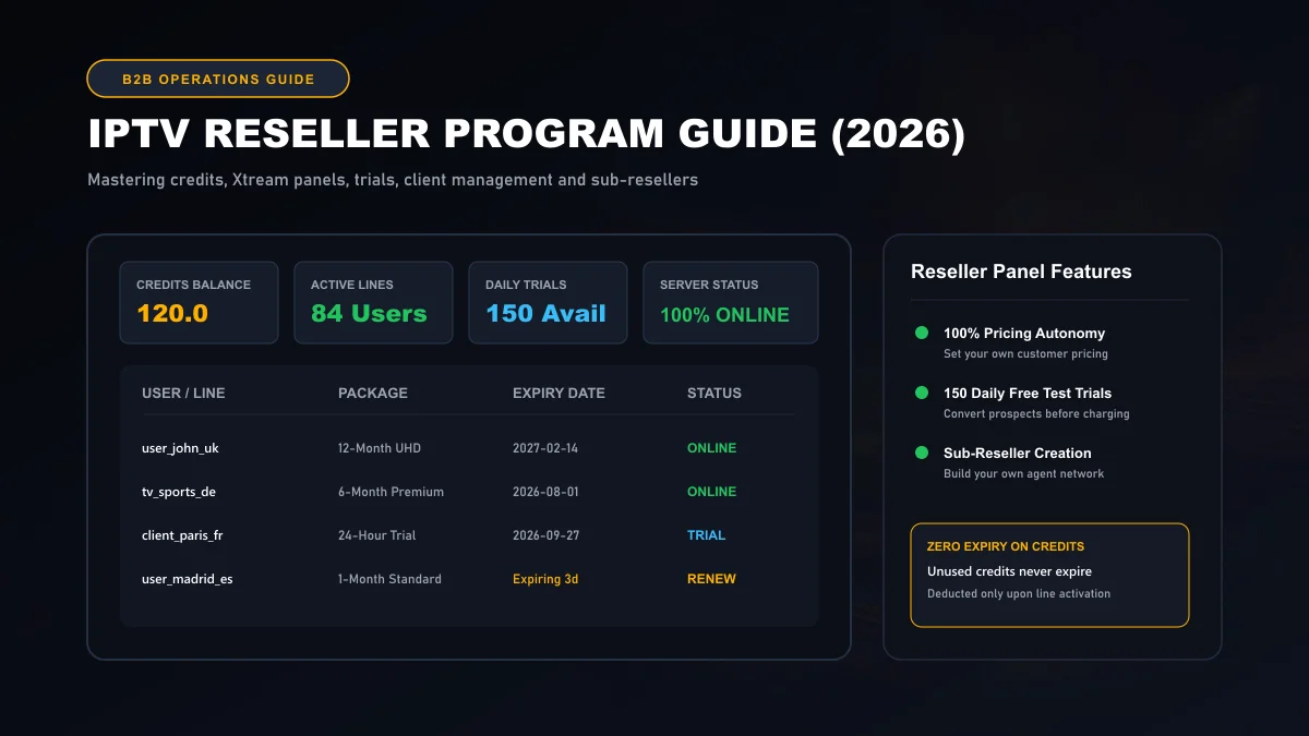 IPTV reseller command dashboard displaying active subscriber lines, credit balances, server uptime, and trial allocations