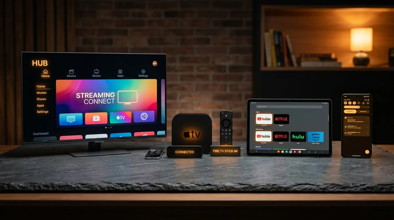 Ecosystem of streaming devices including Smart TV, Apple TV, Firestick, tablet, and smartphone displaying live streaming feeds