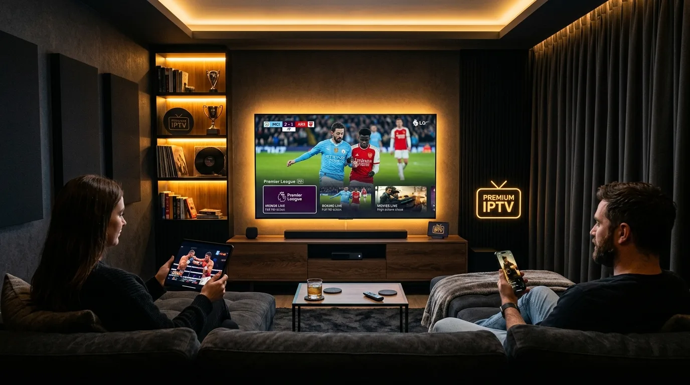 Multi-screen entertainment setup showcasing 4K live sports and movie streaming on television, tablet, and mobile