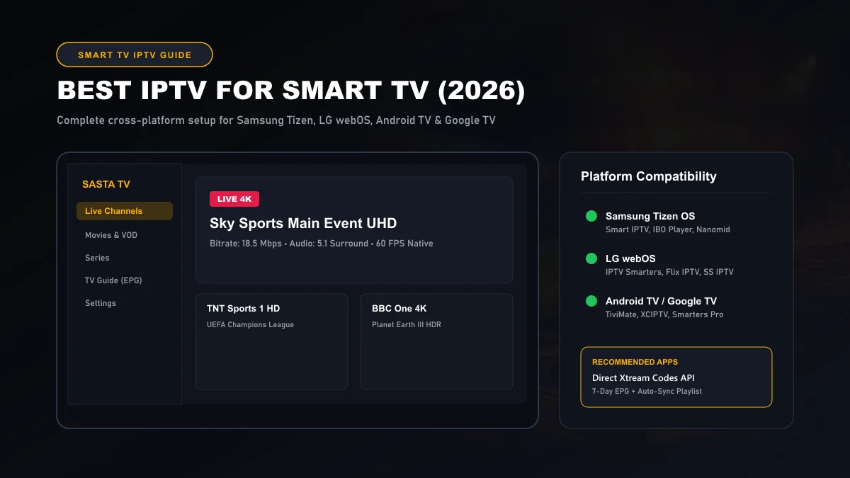 Modern living room featuring a wall-mounted 4K Smart TV displaying a categorized IPTV channel interface