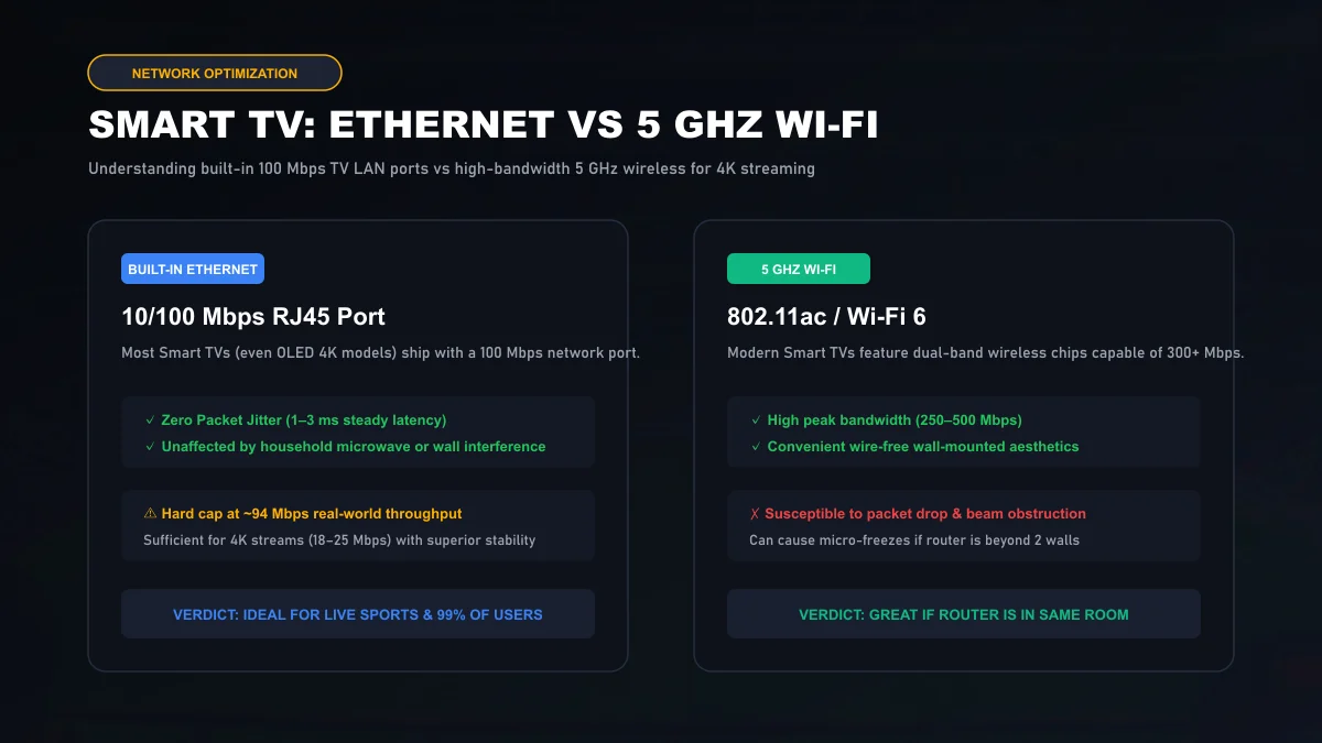 Diagram comparing Smart TV built-in 100 Mbps Ethernet stability against 5 GHz wireless throughput for 4K streaming