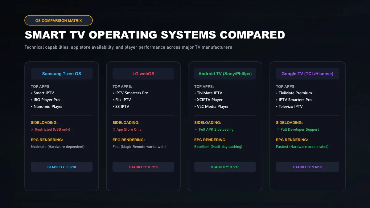 Comparison matrix showing features, app store support, and sideloading capabilities across Samsung Tizen, LG webOS, Android TV, and Google TV
