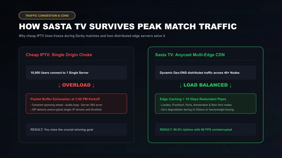 Technical diagram contrasting cheap single-server choke points with Sasta TV multi-CDN Anycast edge routing during peak sports viewership