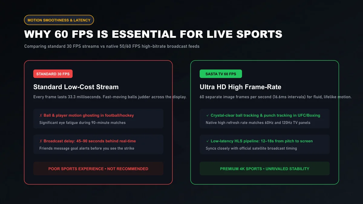 Comparison diagram illustrating the visual difference between standard 30 FPS stutter and smooth 60 FPS sports streaming with low broadcast delay