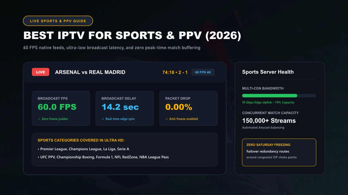 Stadium live broadcast HUD displaying 60 FPS 4K football match stream metrics and zero packet loss indicators