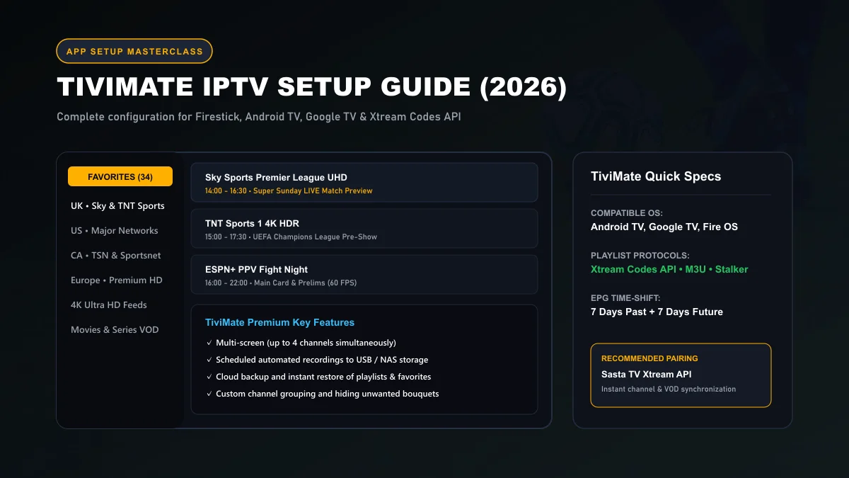 TiviMate IPTV user interface displaying electronic program guide, channel categories, and playback status